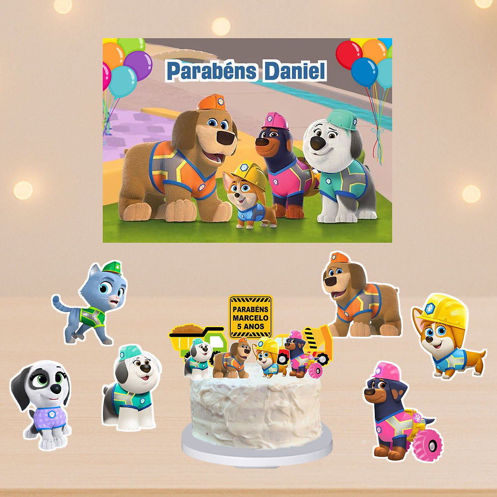 Kit de festa infantil Cãostrução com cartaz personalizado, topo de bolo e decorações com cãezinhos da construção