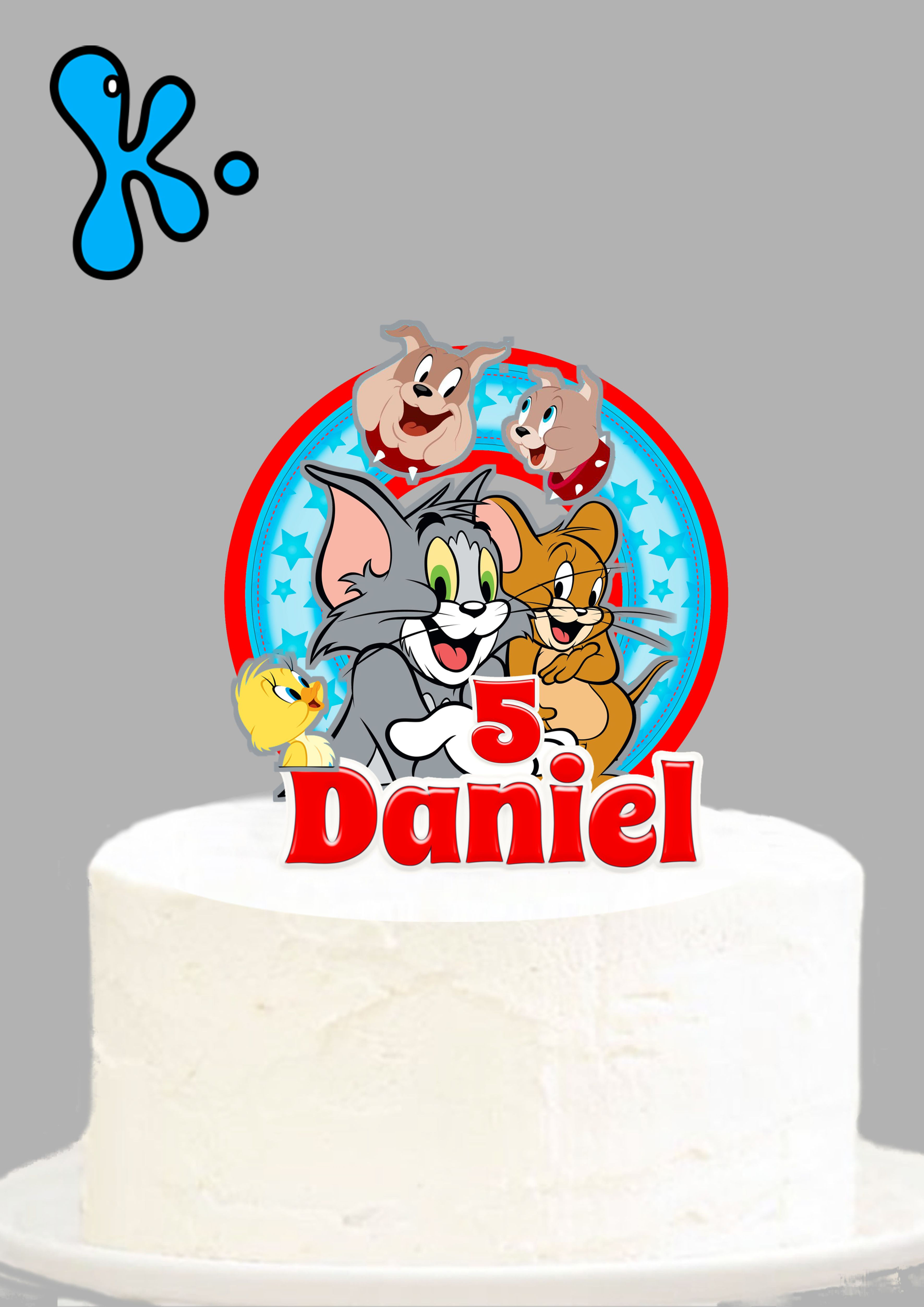 Topo de bolo Tom & Jerry com nome Daniel e número 5