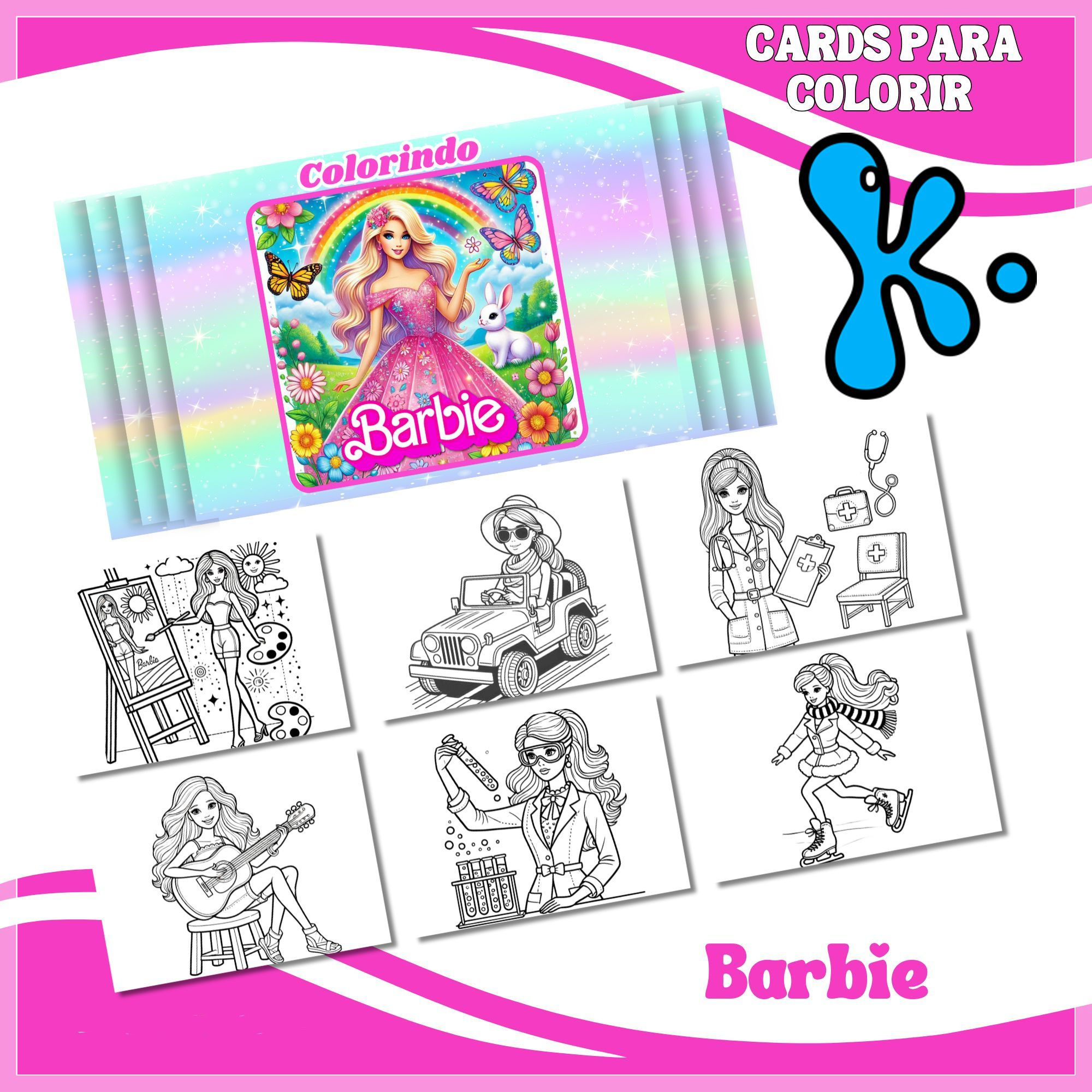 Embalagem de cards para colorir Barbie com 8 desenhos educativos e divertidos