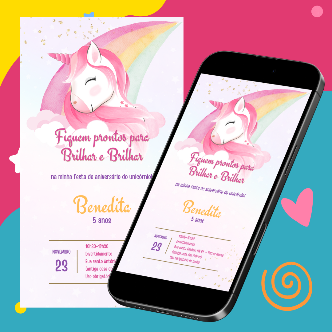 Convite Digital Unicórnio Personalizado – Brilhe com Magia na Festa!