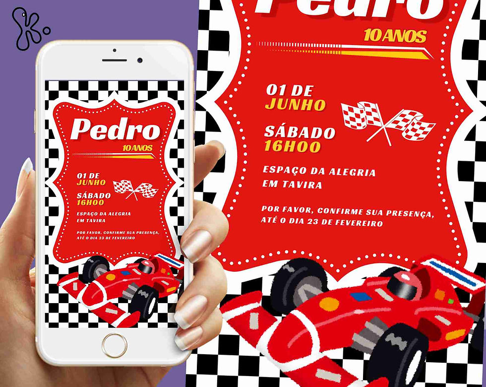 Convite Digital Carros de Corrida Vermelho – Personalizado para Festa Infantil