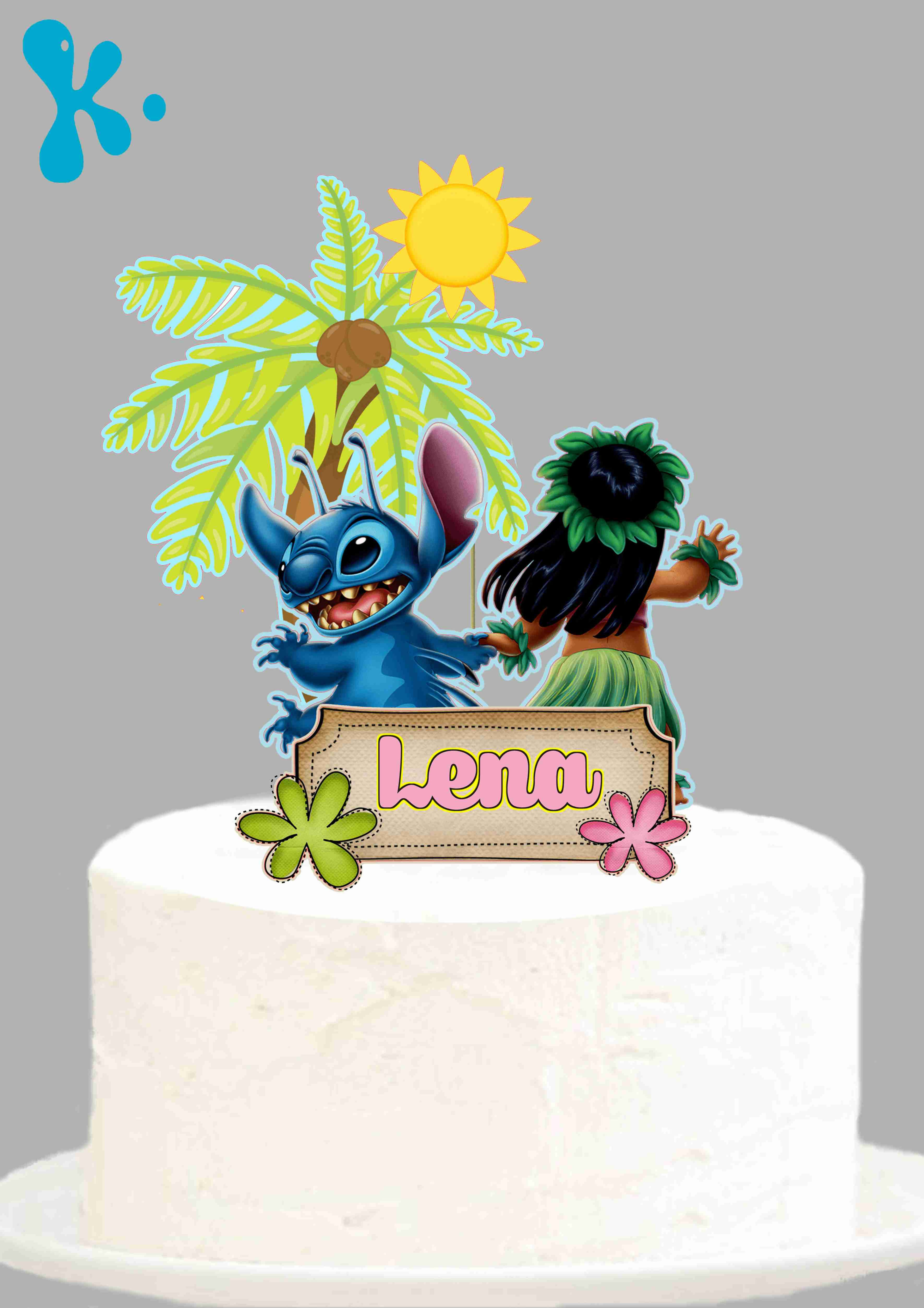 Topo de bolo Lilo & Stitch com palmeira, sol e nome Lena.