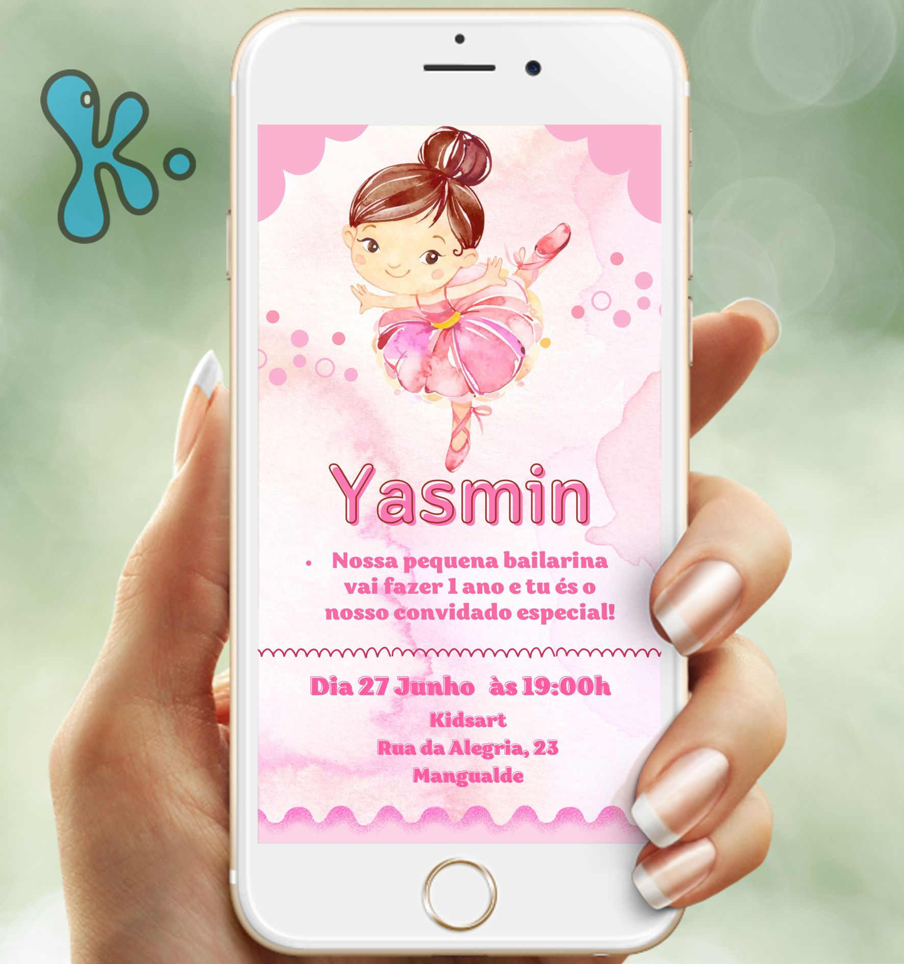 Convite digital tema bailarina em tons rosa com ilustração fofa de menina a dançar