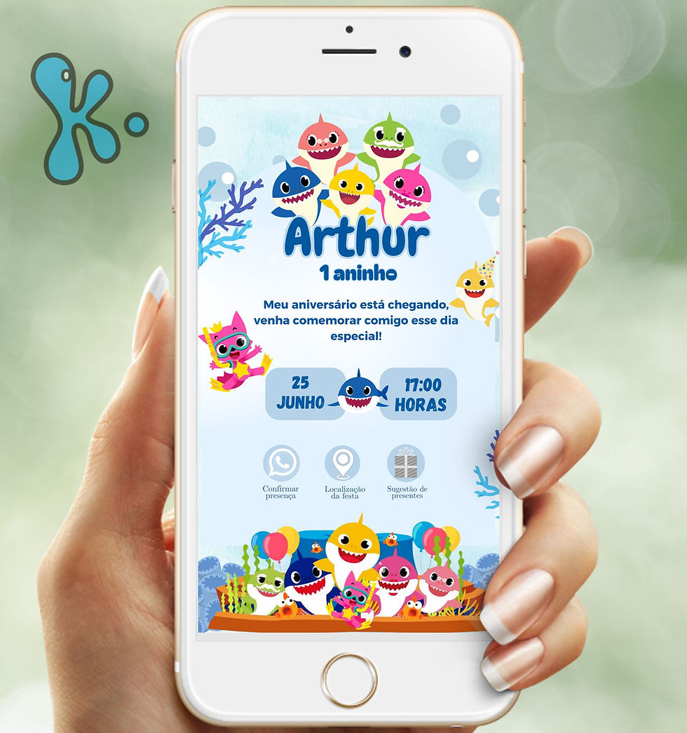 Convite digital infantil Baby Shark personalizado com personagens coloridas e tema fundo do mar para festa de 1 aninho