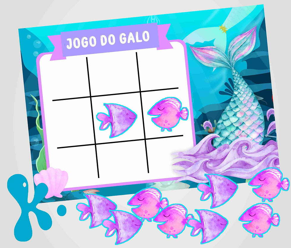 Jogo do galo personalizado Sereia com peixinhos lilás e cenário aquático em tons azul e turquesa.