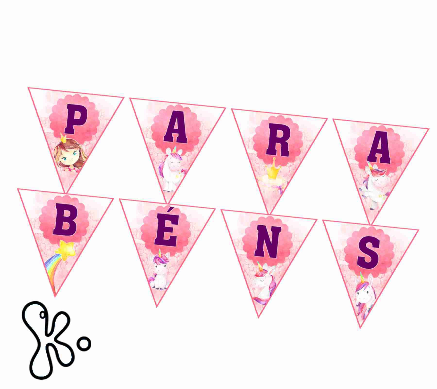 Bandeirolas Parabéns princesa e unicórnio para decoração de festa infantil temática