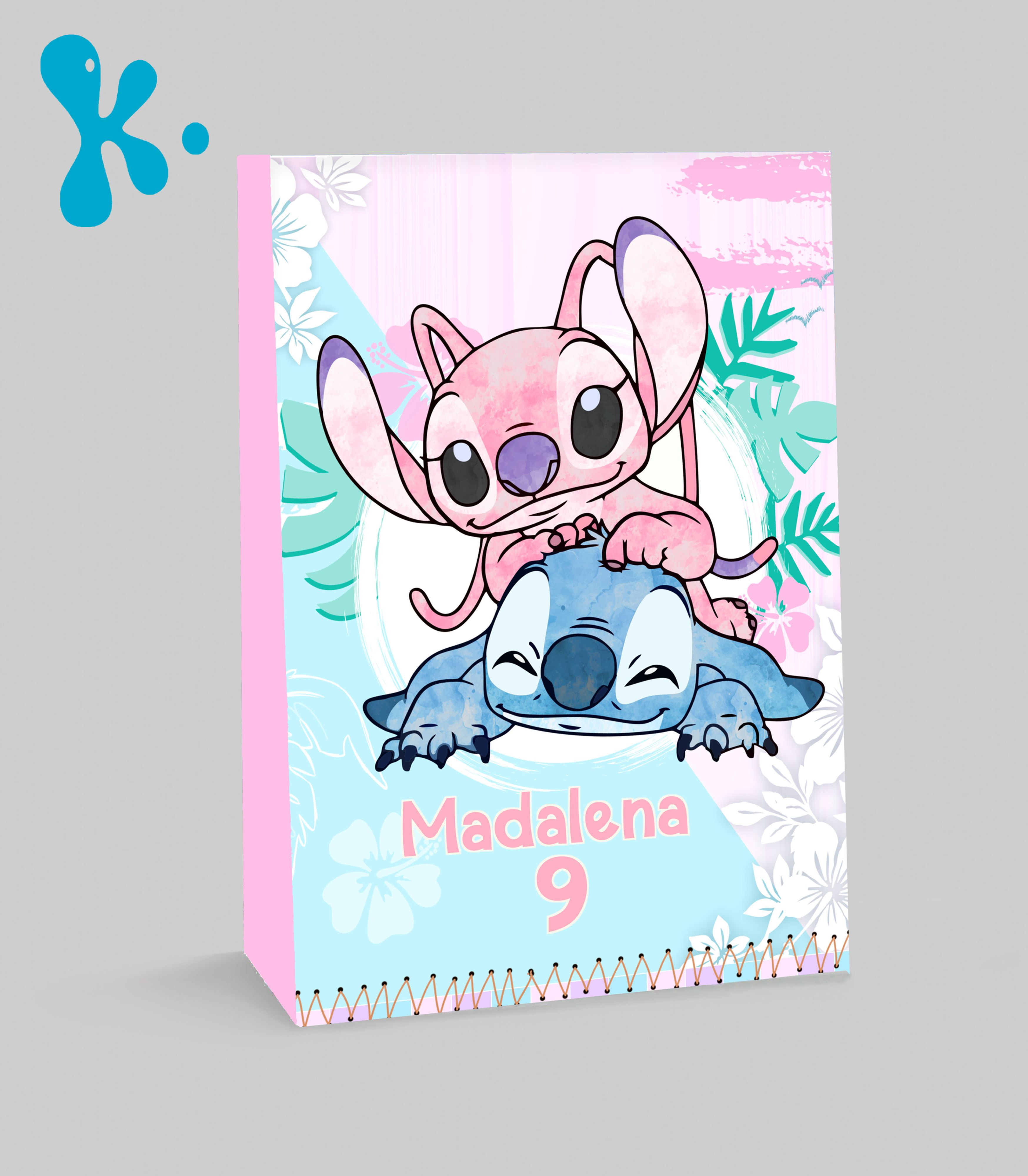 Saco lembrança Stitch e Angel personalizado em tons de azul e rosa com nome e idade da criança