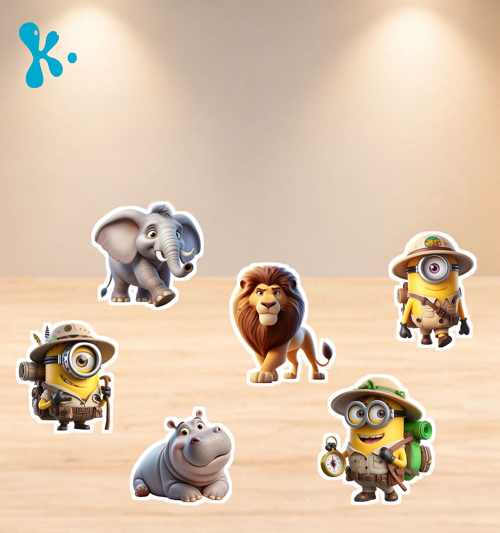 Figuras de mesa Minions Safari com exploradores, leão, elefante e hipopótamo para decoração de festa infantil.