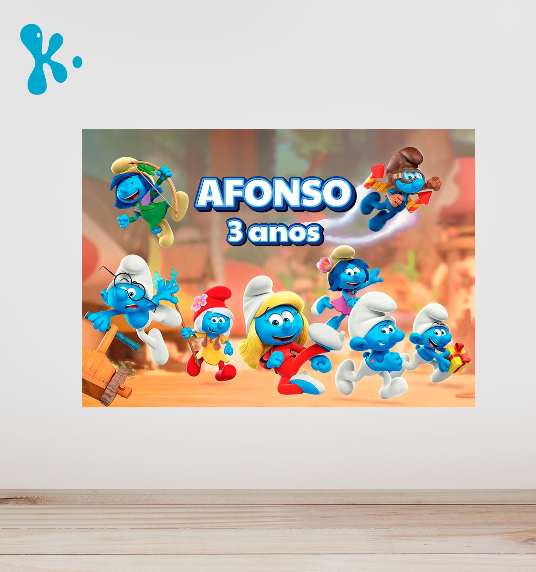 Cartaz dos Smurfs com nome e idade personalizados, ideal para festa infantil.