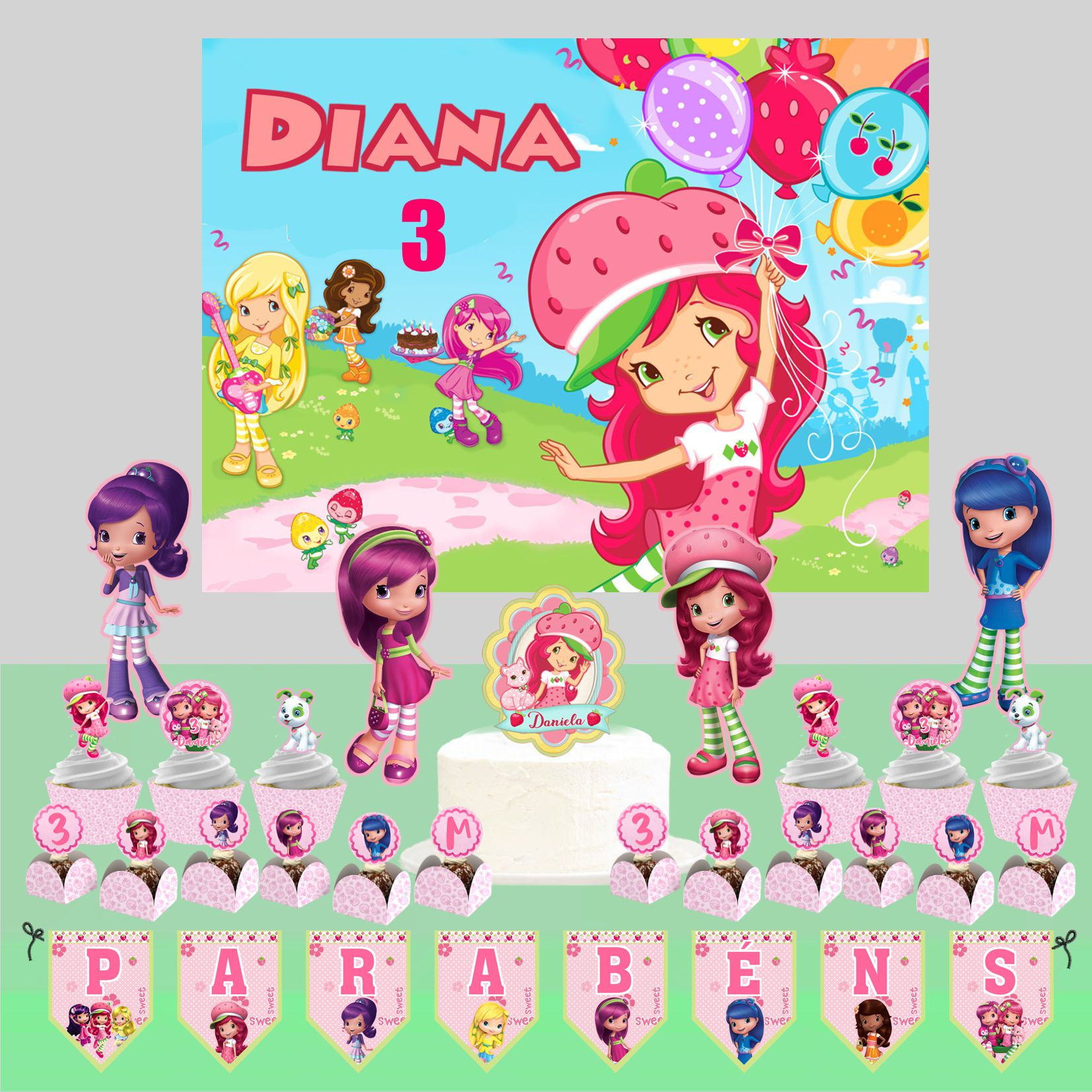 Kit de Festa Docinho de Morango com painel, figuras decorativas e mesa temática infantil.