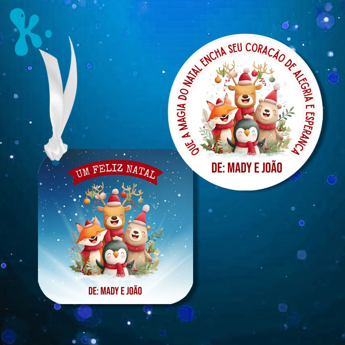 Etiqueta de Natal com raposa, pinguim, urso e rena em cenário de neve, disponível em formato redondo e quadrado com fita