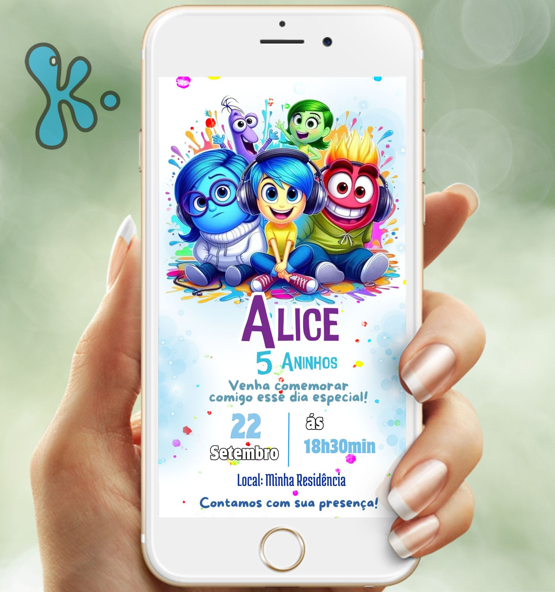 Convite digital Divertida Mente com Alegria, Tristeza, Medo, Raiva e Nojinho