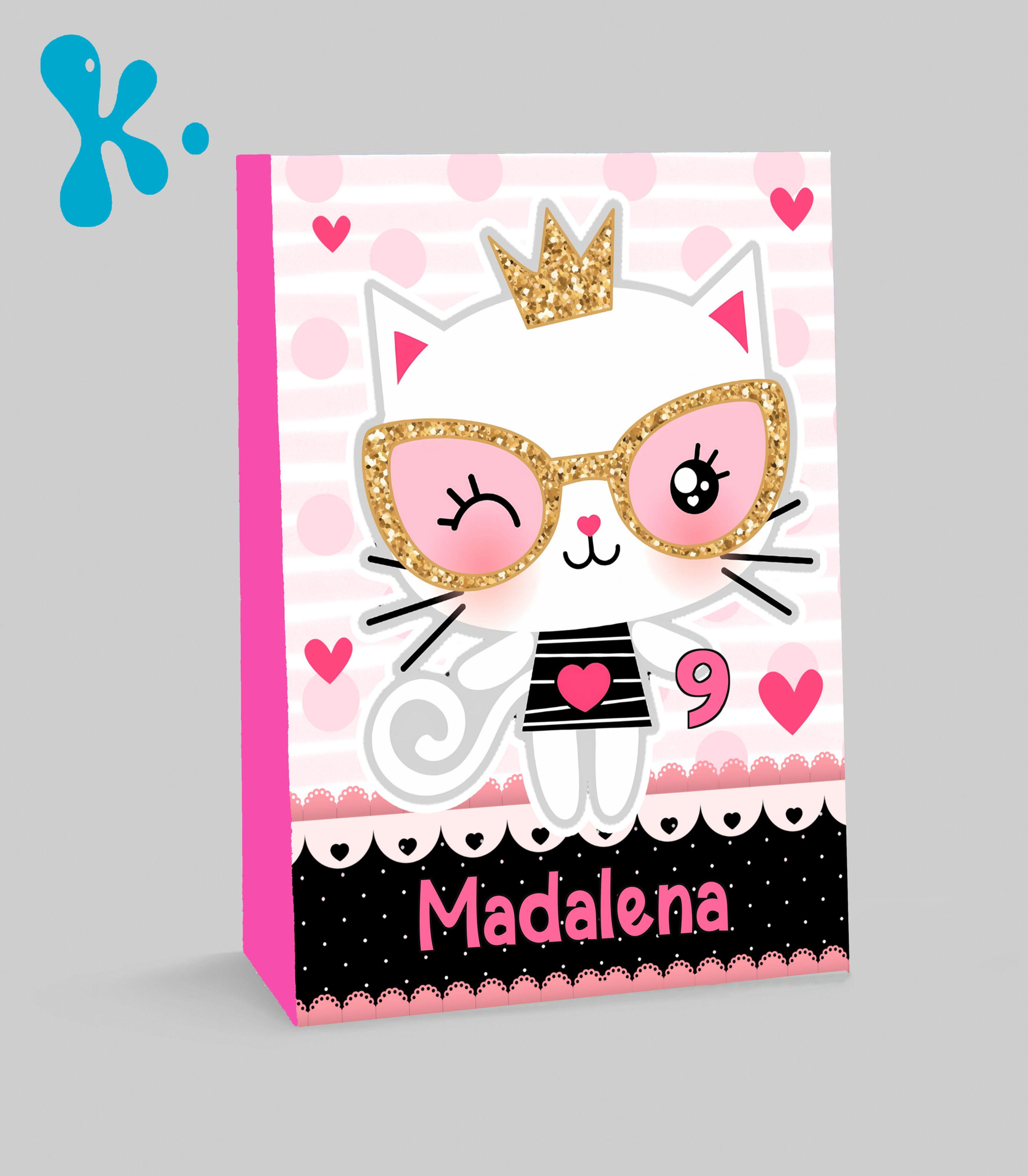 Saco lembrança gatinha princesa personalizado em rosa com nome e idade da criança