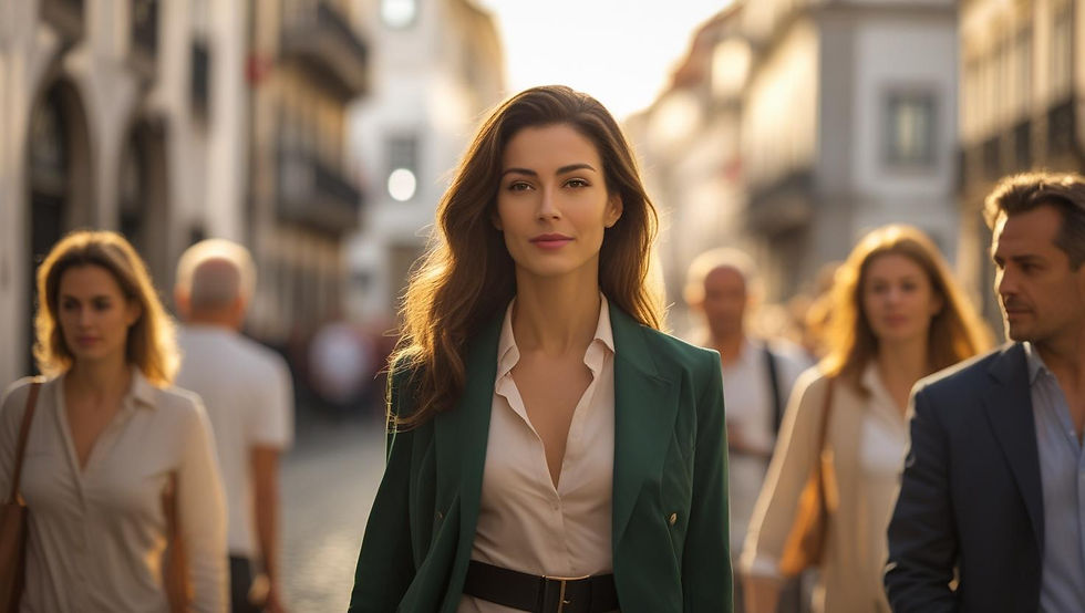 Mulher a caminhar com confiança no meio de uma multidão desfocada, simbolizando a supePessoa a caminhar com confiança no meio de uma multidão desfocada, simbolizando a superação do medo da desaprovação.ração do medo da desaprovação.