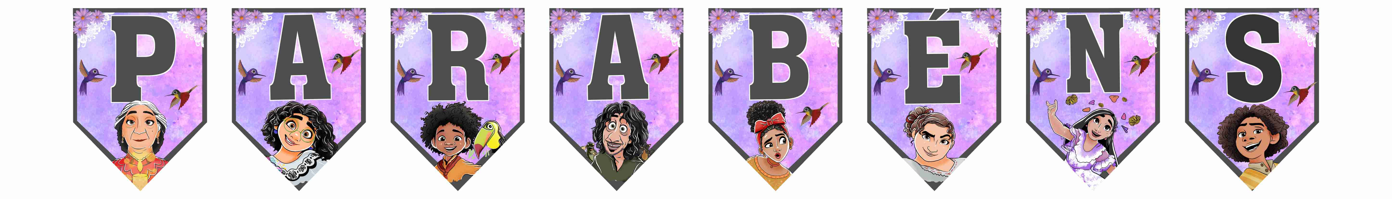 Bandeirolas Parabéns tema Encanto com fundo lilás, flores e personagens para decoração de festa infantil