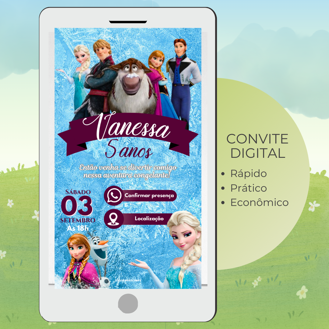 Convite digital com tema Frozen, com Elsa, Anna e outros personagens. Arquivo PDF com links clicáveis, pronto para partilhar