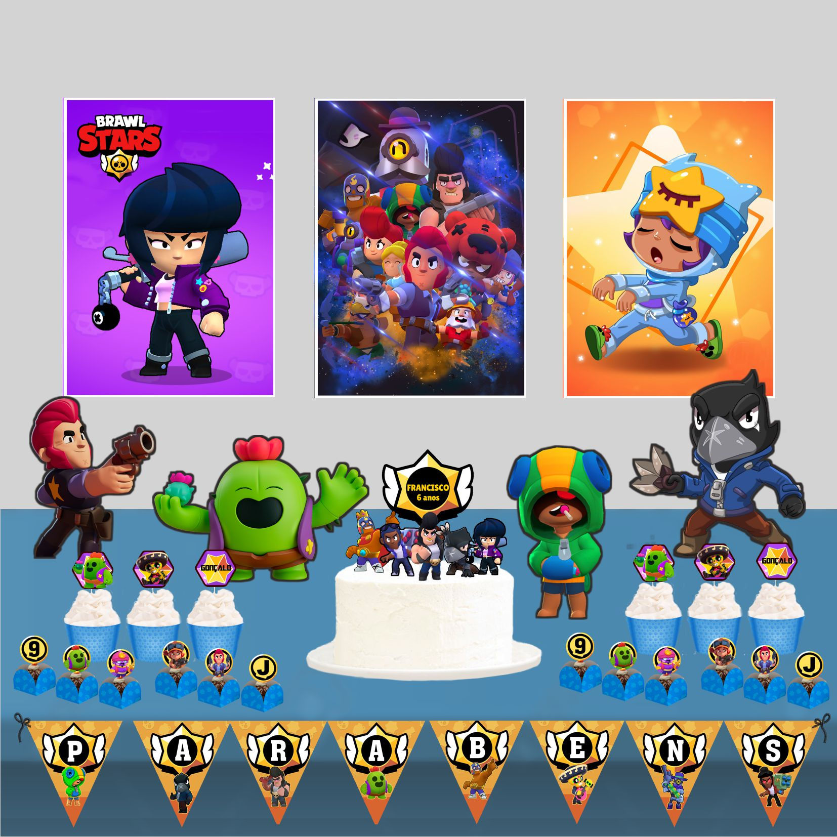 Kit de Festa Brawl Stars com painéis, figuras dos Brawlers e decoração gamer infantil.