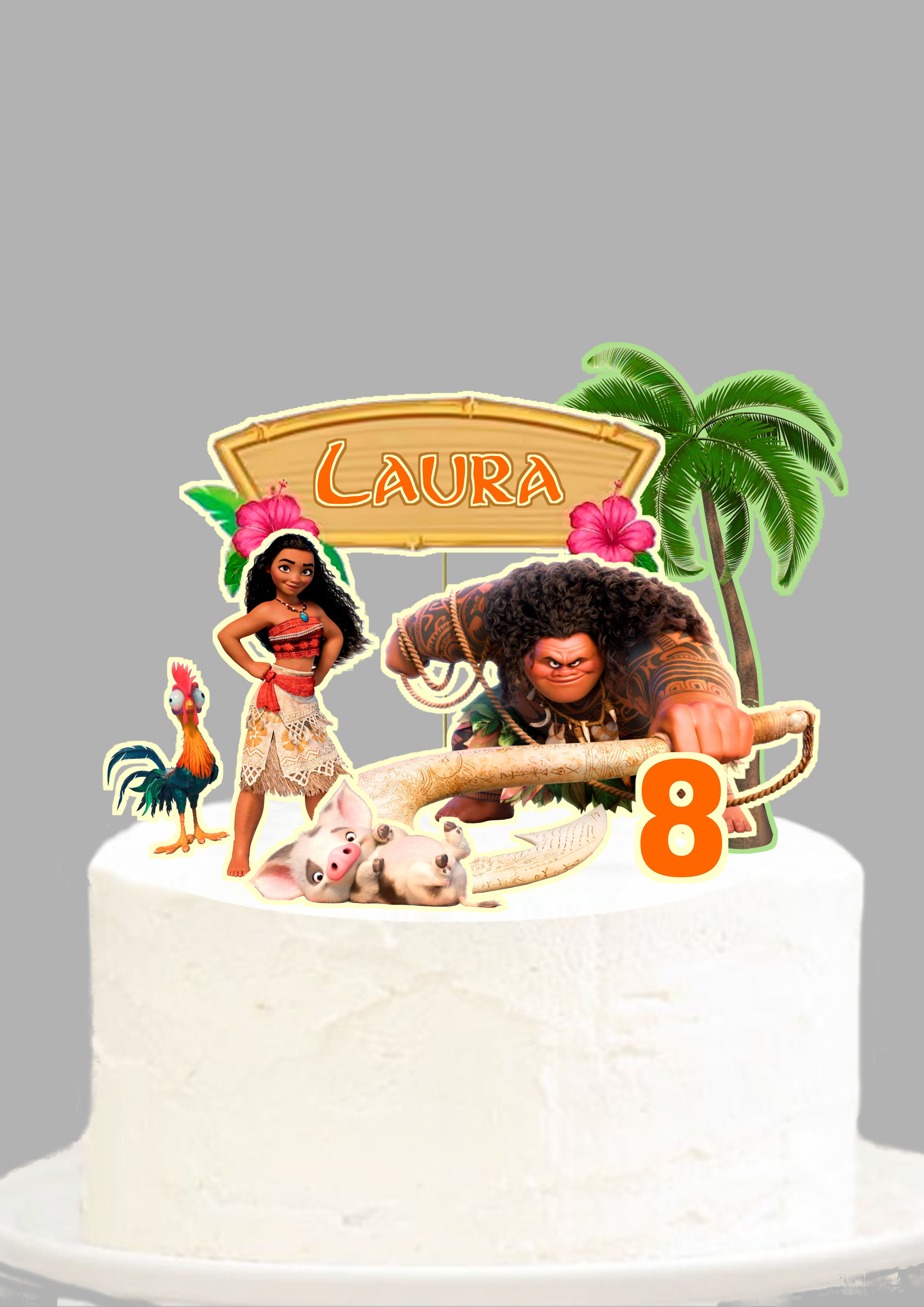 Topo de bolo Vaiana com nome Laura e número 8.
