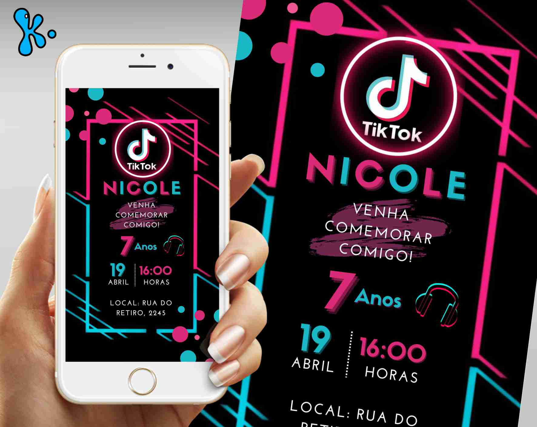 Convite Digital TikTok personalizado estilo neon com nome, idade e dados da festa em fundo preto com rosa e azul