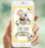 Convite digital Snoopy e Charlie Brown com fundo amarelo, corações e dados personalizados da festa.