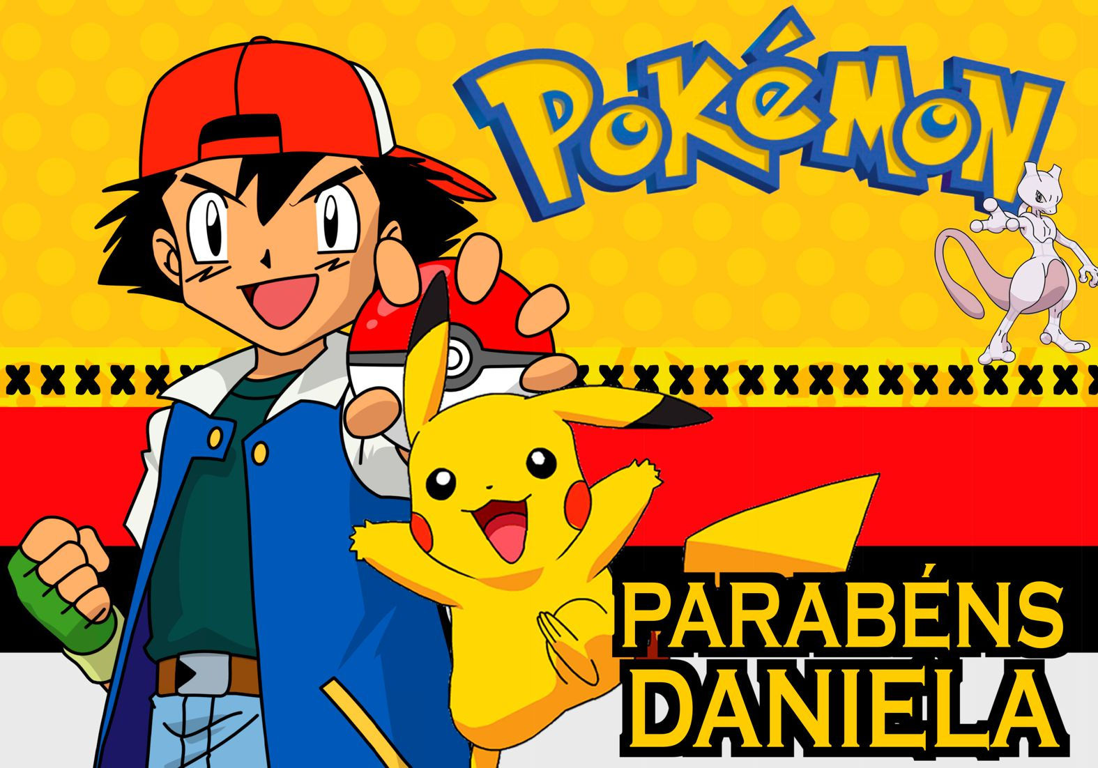 Cartaz infantil Pokémon personalizado com Pikachu e treinador para decoração de festa de aniversário