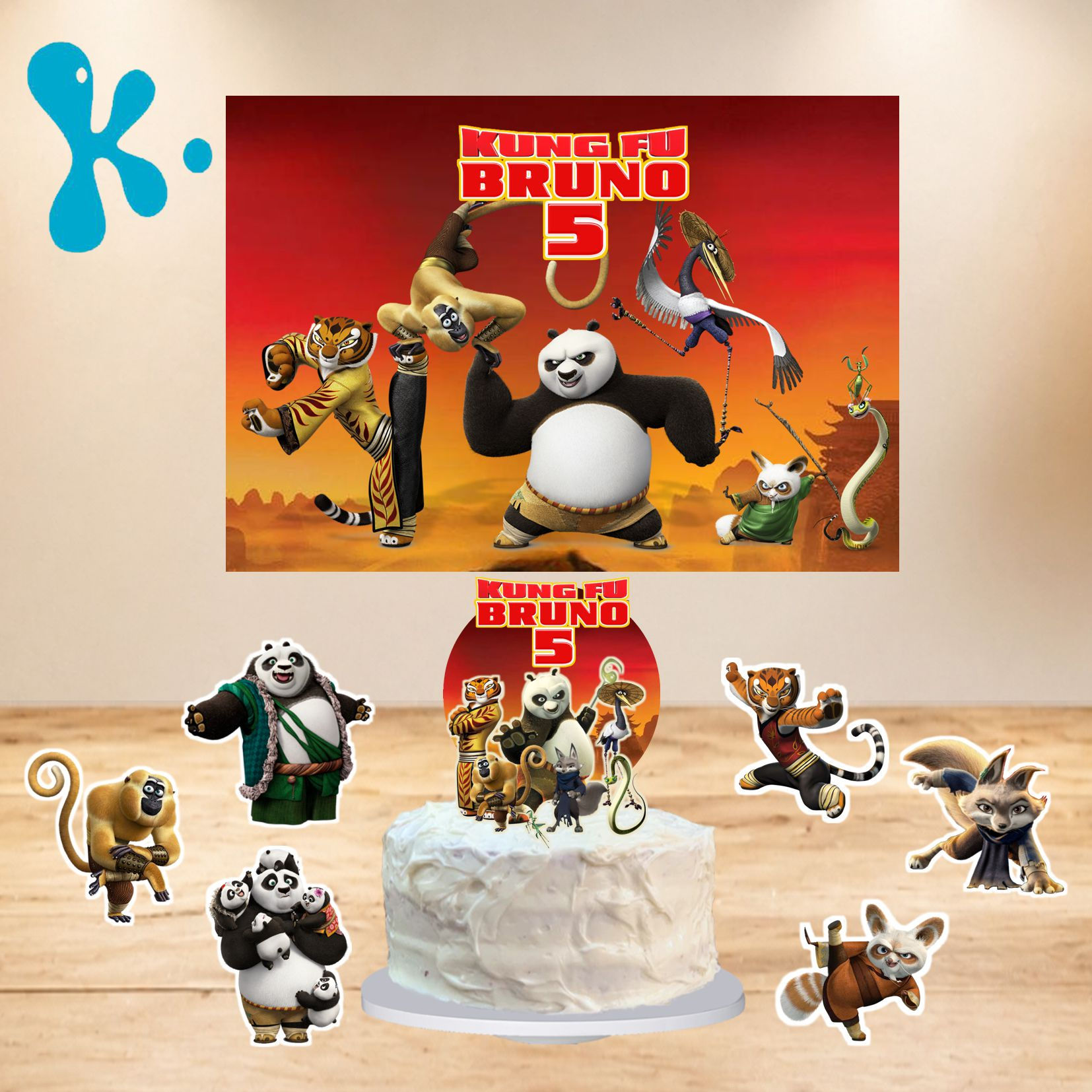Kit de Festa Kung Fu Panda personalizado com cartaz, figuras decorativas e topo de bolo com nome e idade.