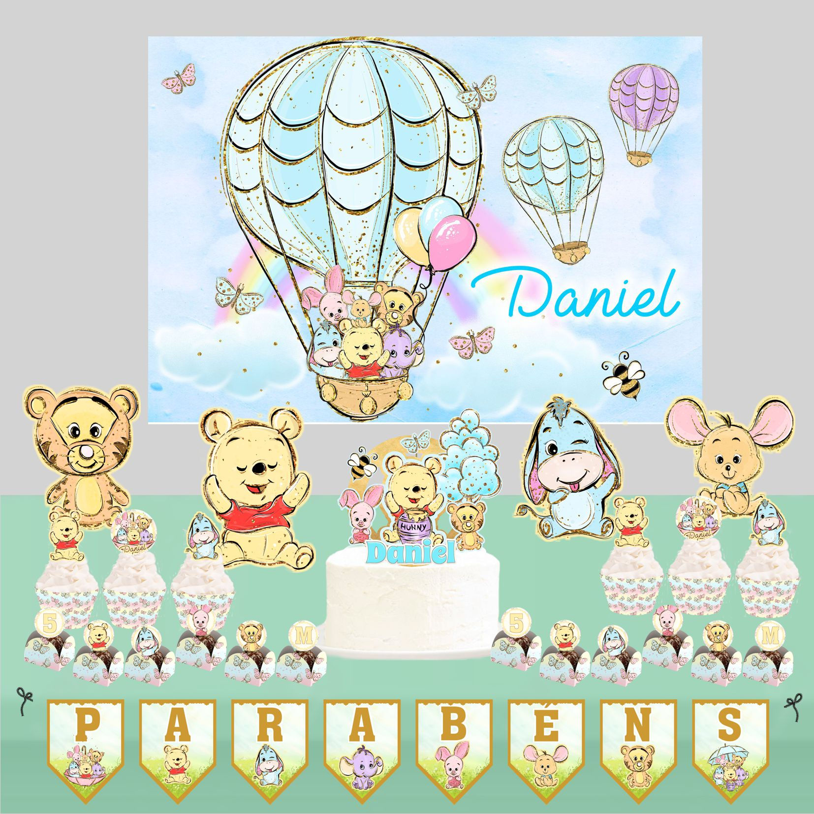 Mesa decorada com tema Winnie the Pooh em tons pastel, com painel de balão de ar quente e personagens clássicos.