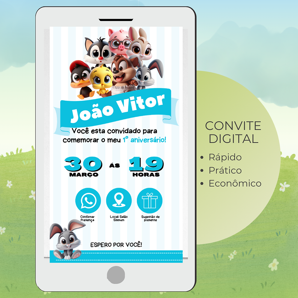 Convite Interativo Baby Looney Tunes com fundo azul e branco, personagens bebés no topo e ícones interativos de confirmação,