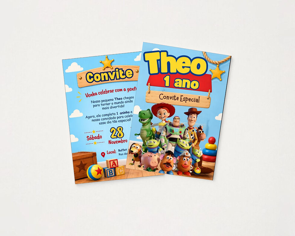 Convite impresso frente e verso Toy Story personalizado, com Woody, Buzz Lightyear, Jessie, Rex e outros brinquedos, fundo az