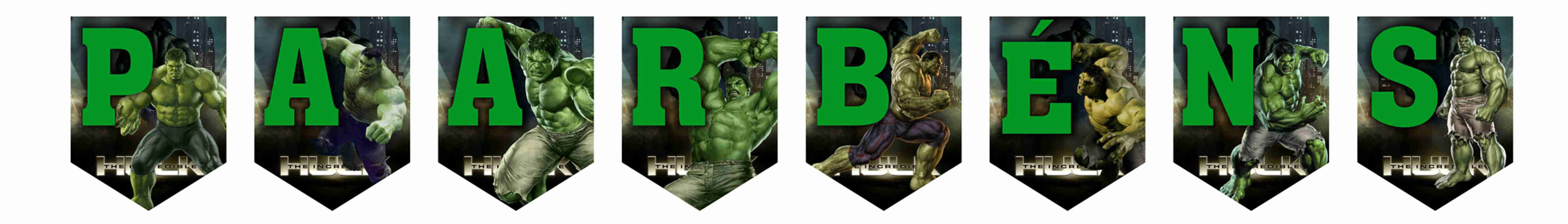 Bandeirolas Parabéns Hulk com letras verdes e cenas de ação para decoração de festa infantil