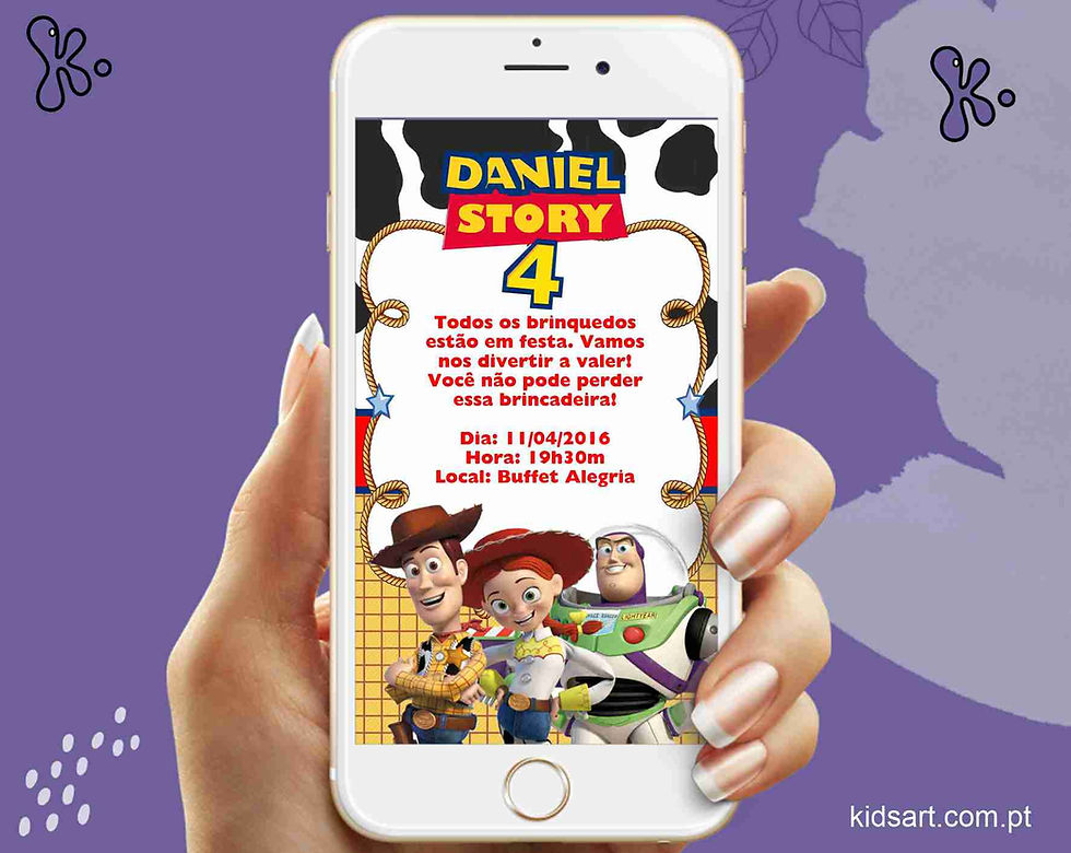 Convite Digital Toy Story com personagens Woody, Jessie e Buzz Lightyear para festa de aniversário infantil personalizada