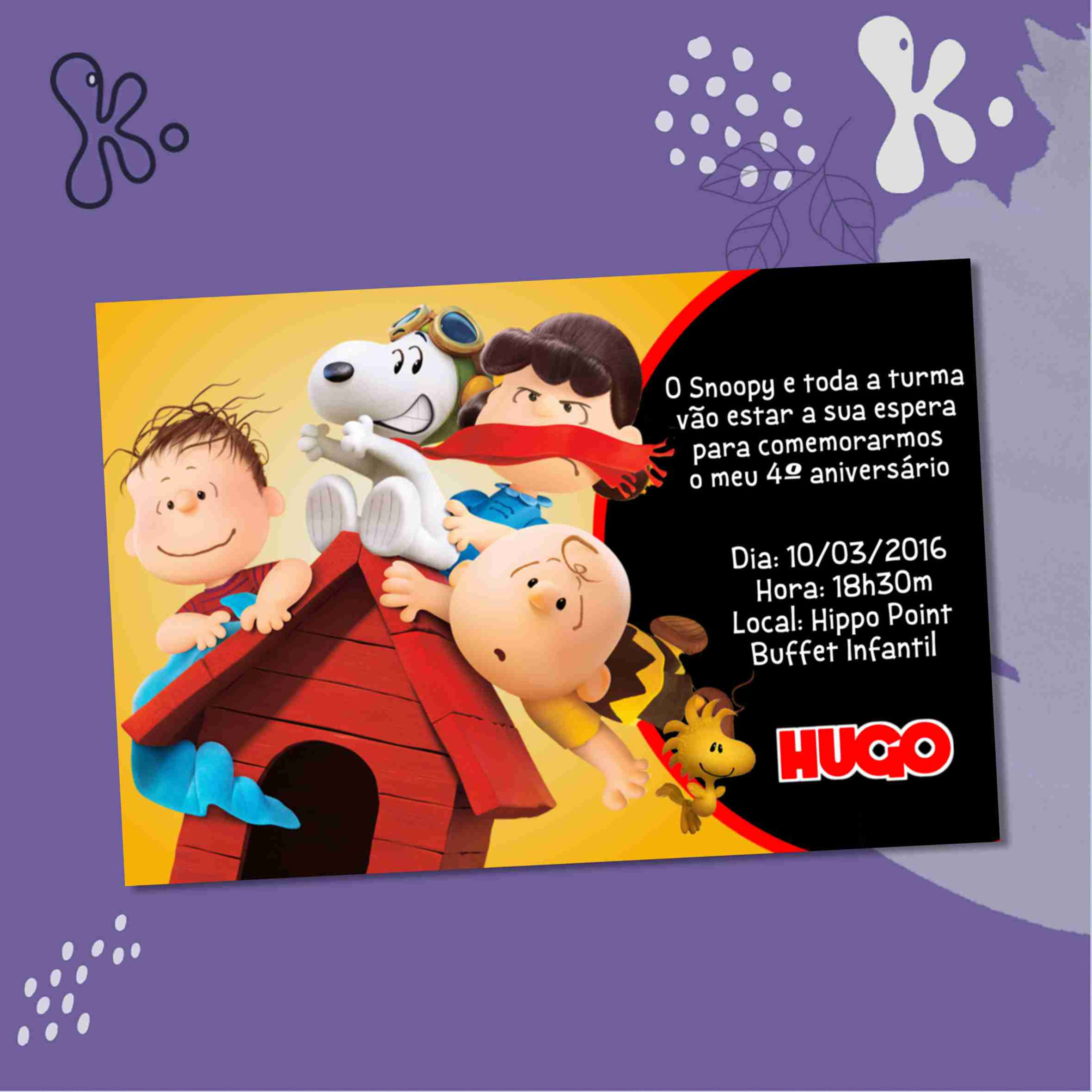 Convite Digital Snoopy com fundo preto e amarelo, com os personagens da turma Peanuts sobre a casinha vermelha