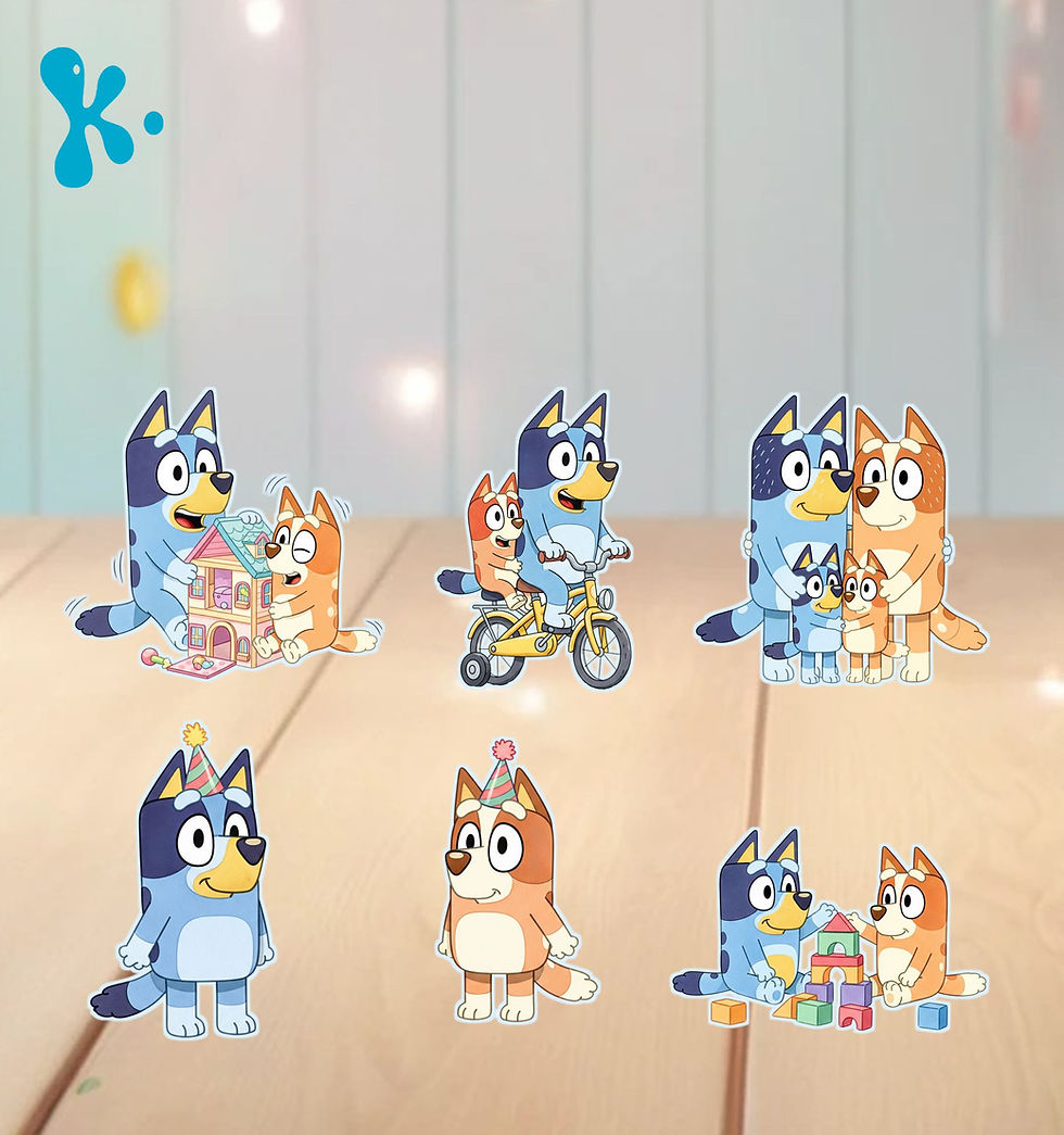 Figuras Bluey e Bingo Aguarela com família Bluey a brincar e decorar festa infantil de forma encantadora.