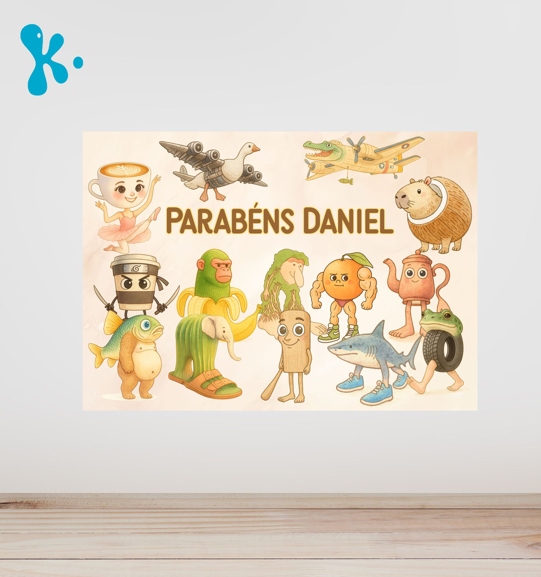 Decore a festa com o cartaz personalizado Italian Brainrot! Visual surreal, divertido e original com nome da criança.