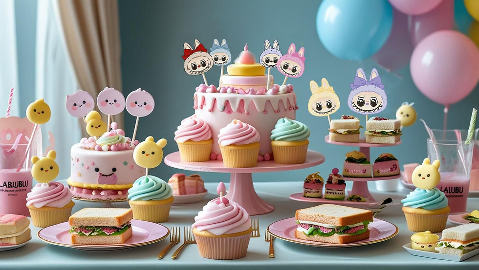 Stunning Labubu-themed birthday cake and party food spread, pastel-colored cupcakes with Labubu topper