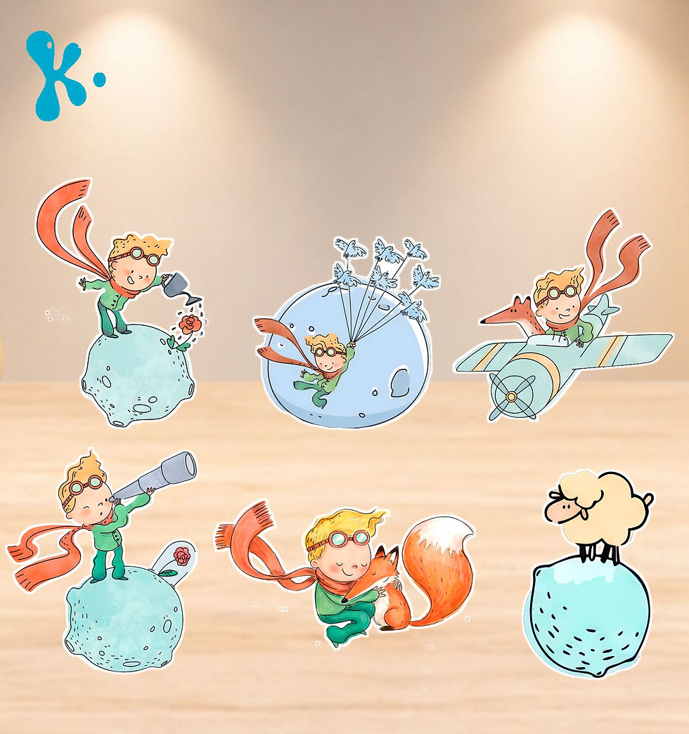 Figuras Principezinho com o pequeno príncipe, raposa, carneiro e avião para decoração de festa infantil.