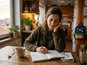 Mãe sentada à mesa a escrever num caderno para lidar com pensamentos pessimistas.