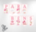 Bandeirolas Parabéns Patinho Rosa com guarda-chuva, arco-íris, nuvens e flores em tons pastel