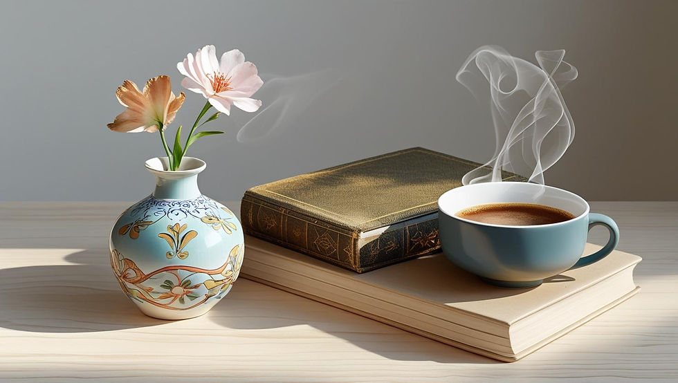 Três objetos dispostos harmoniosamente sobre uma superfície de madeira clara: um vaso de cerâmica portuguesa simples com uma flor, um livro bem cuidado e uma xícara de café. Composição que demonstra os princípios de intencionalidade, funcionalidade e beleza do minimalismo.