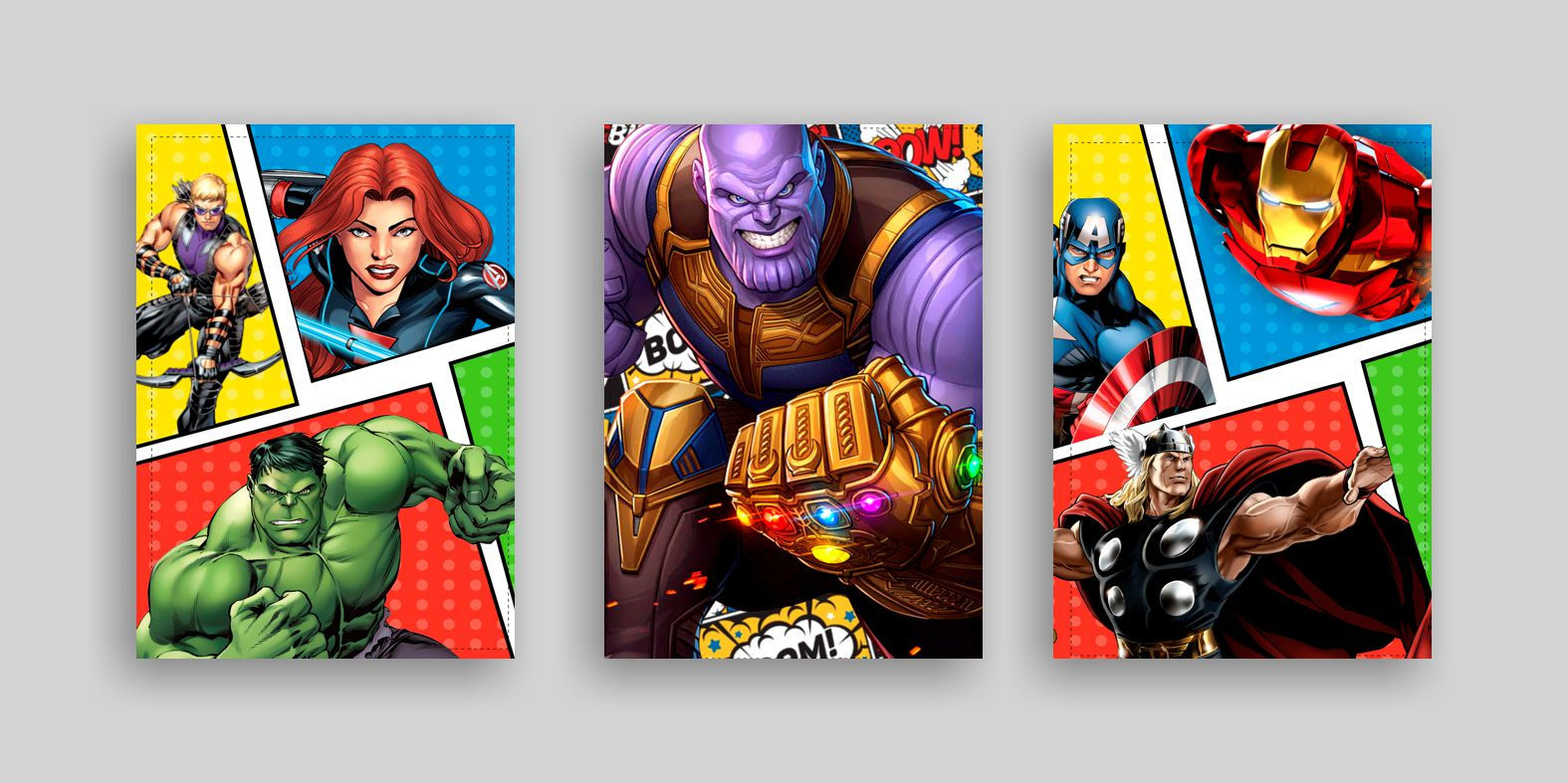 Conjunto de 3 cartazes Avengers Vingadores com heróis Marvel e Thanos em estilo banda desenhada