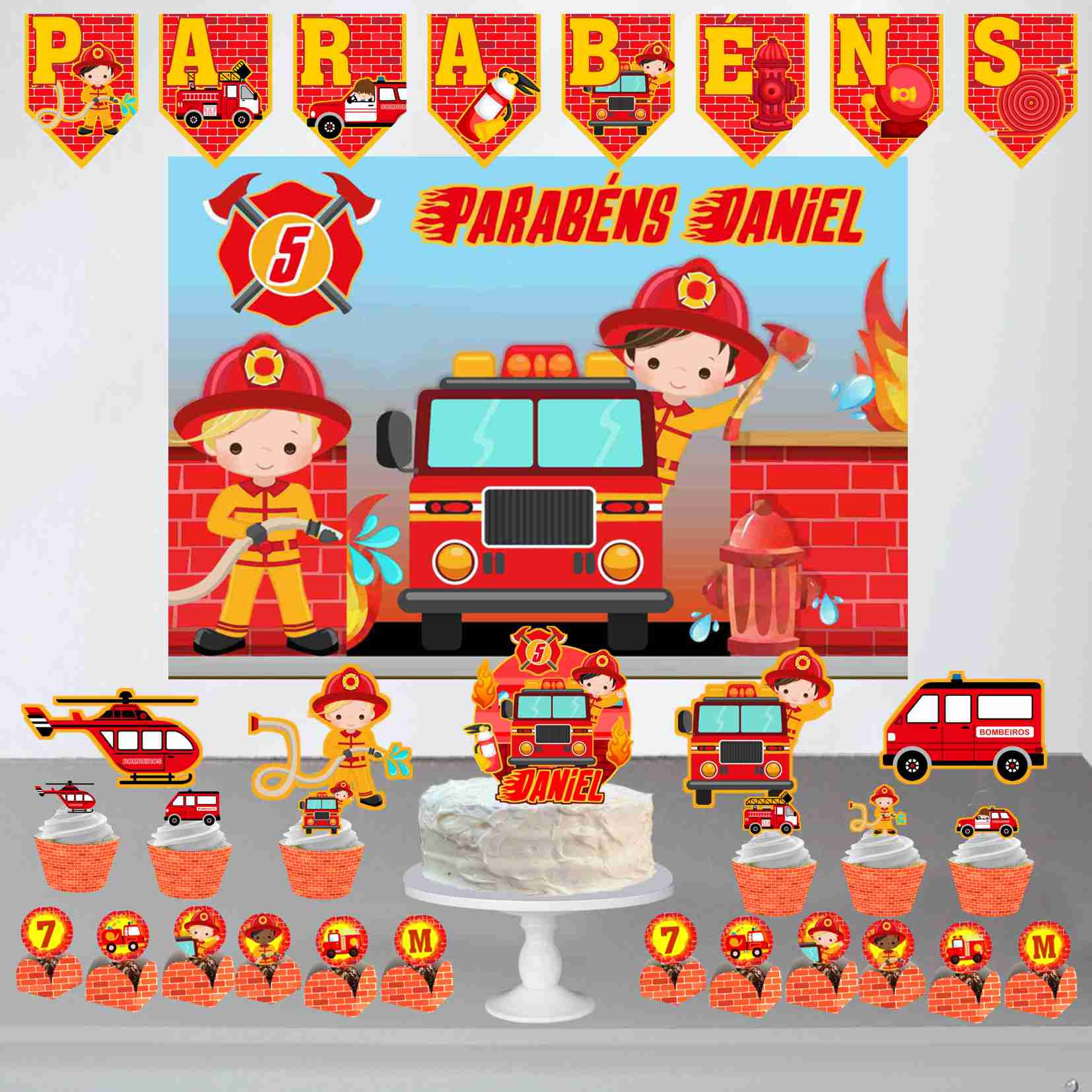 Kit de Festa Bombeiros com painel, figuras dos bombeiros e decoração infantil temática.