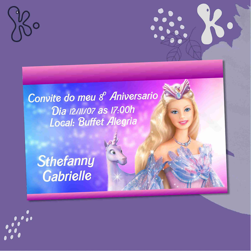 Convite Digital Barbie com Unicórnio Personalizado para Aniversário Infantil