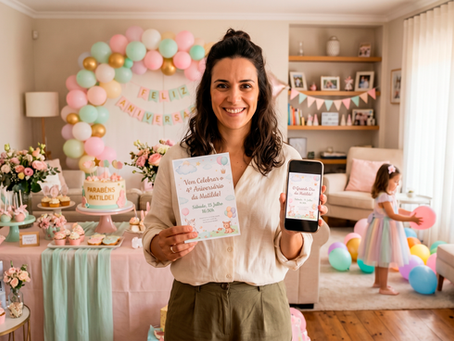 Mãe a comparar convite digital e convite impresso para festa infantil em casa.