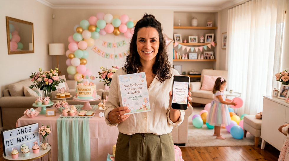 Mãe a comparar convite digital e convite impresso para festa infantil em casa.