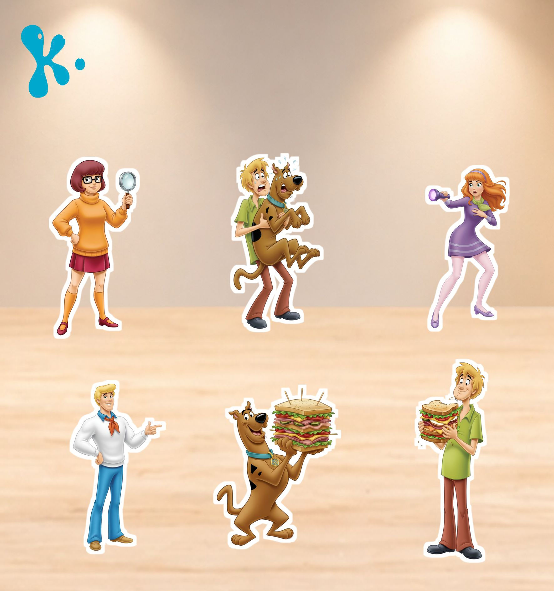 Figuras de mesa Scooby-Doo com Salsicha, Velma, Daphne, Fred e sanduíches.
