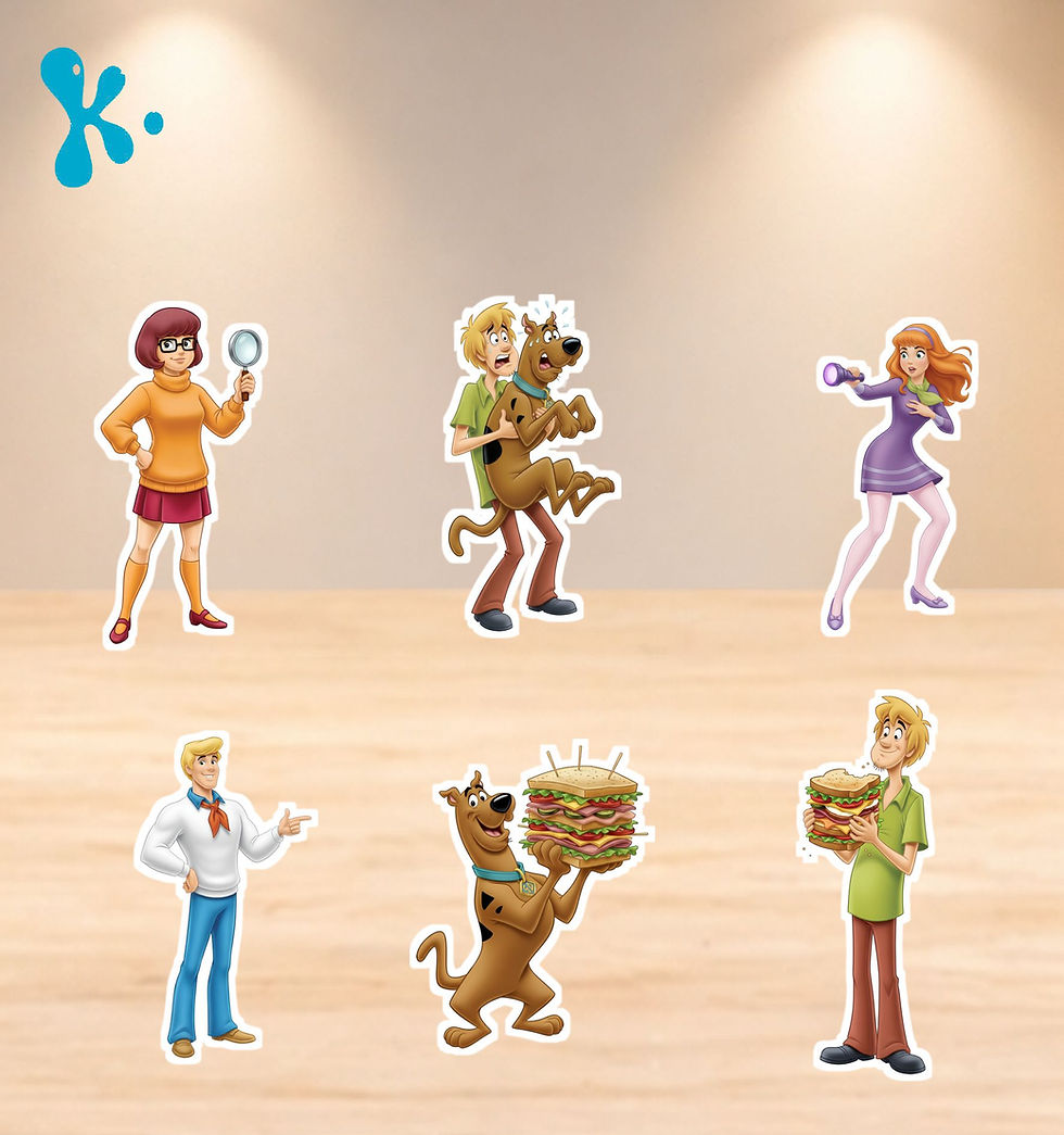 Figuras de mesa Scooby-Doo com Salsicha, Velma, Daphne, Fred e sanduíches.