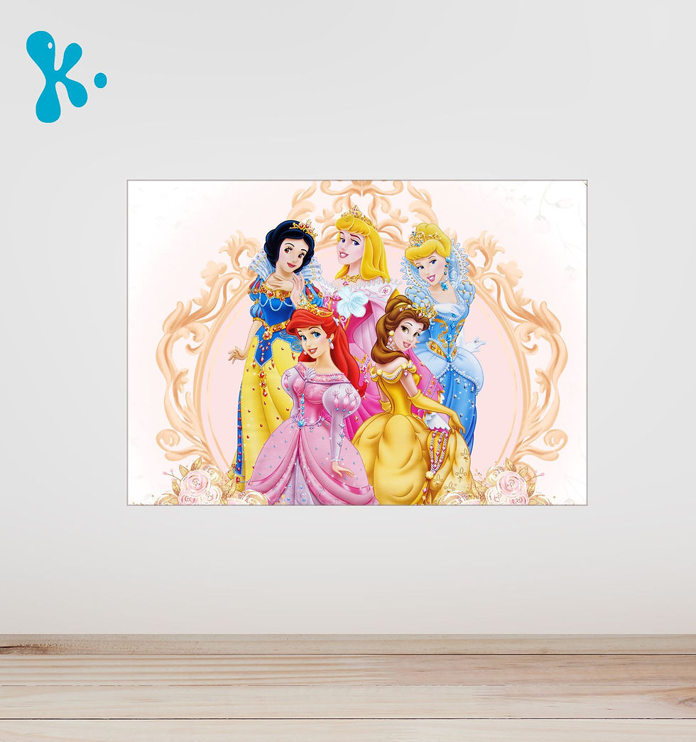 Cartaz princesas Disney personalizado com princesas clássicas e moldura elegante, ideal para decoração de festa infantil  Se