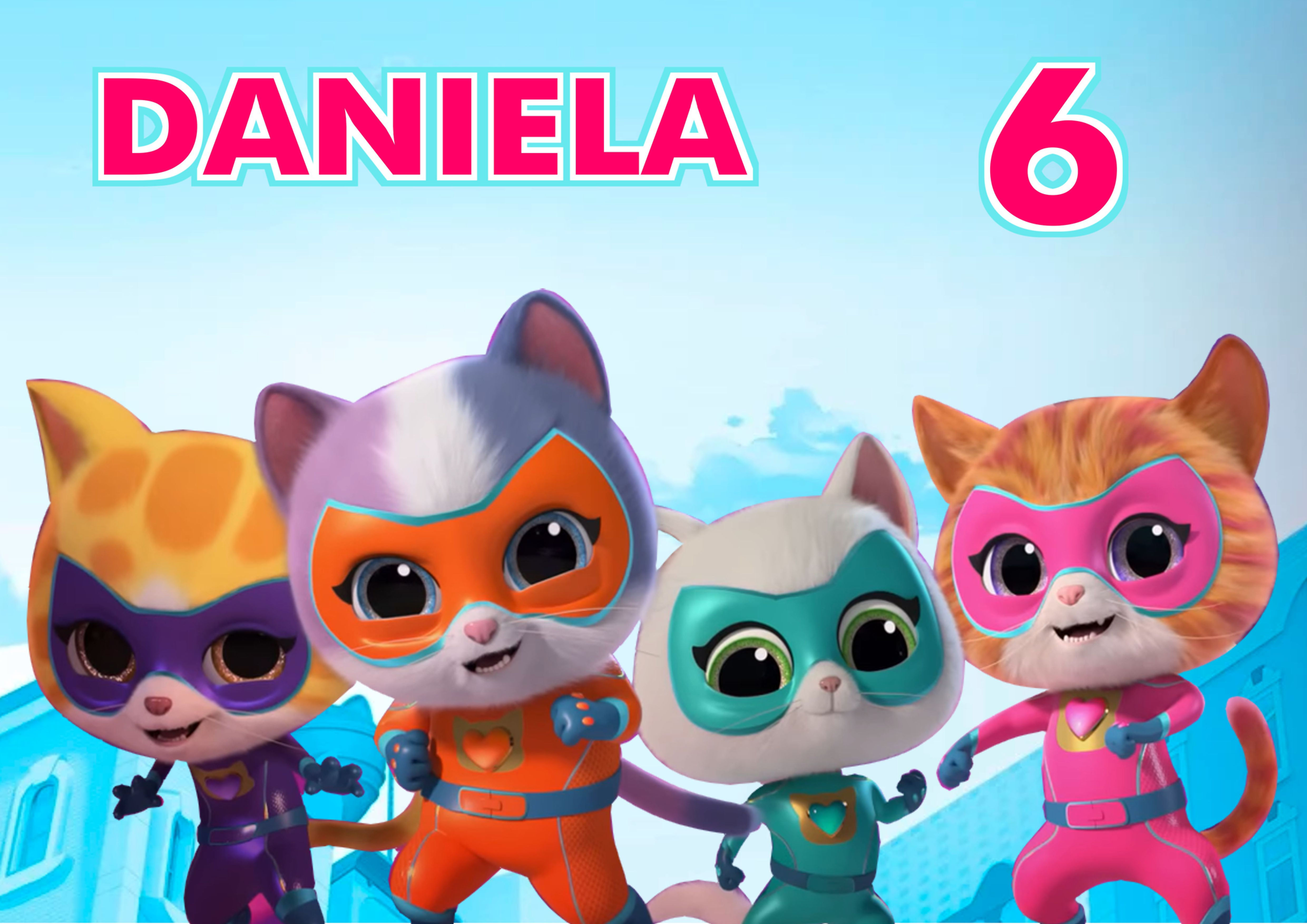 Cartaz infantil SuperKitties com gatinhas super-heroínas coloridas, personalizado com nome e idade