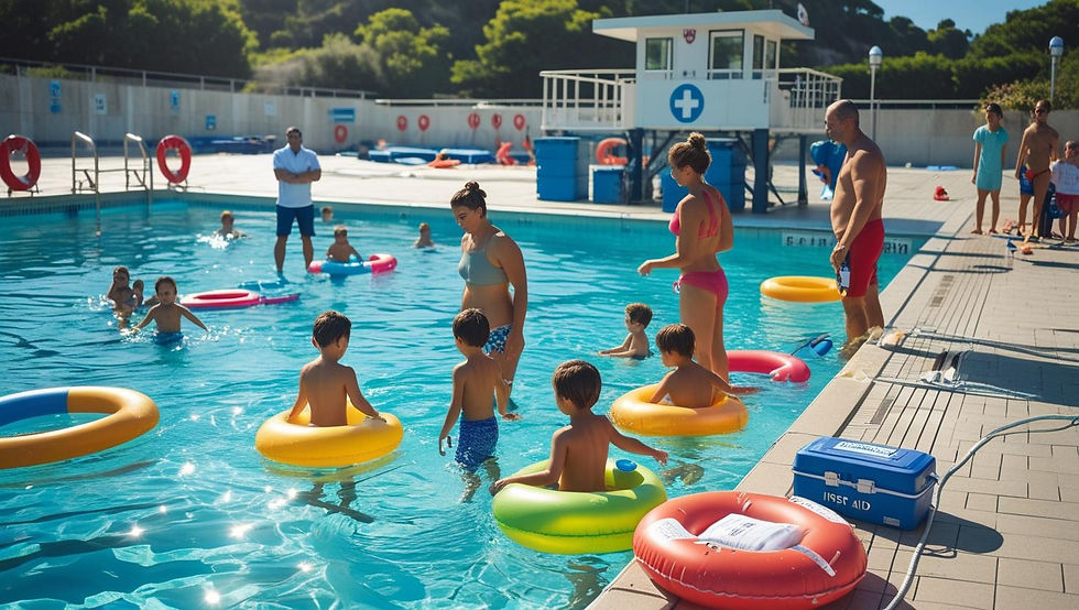 Cena de segurança em piscina municipal portuguesa com adultos atentos observando crianças na água, torre de salva-vidas ao fundo, bóias de segurança montadas nas bordas da piscina, pais em pé na beira da piscina supervisionando crianças com boias coloridas