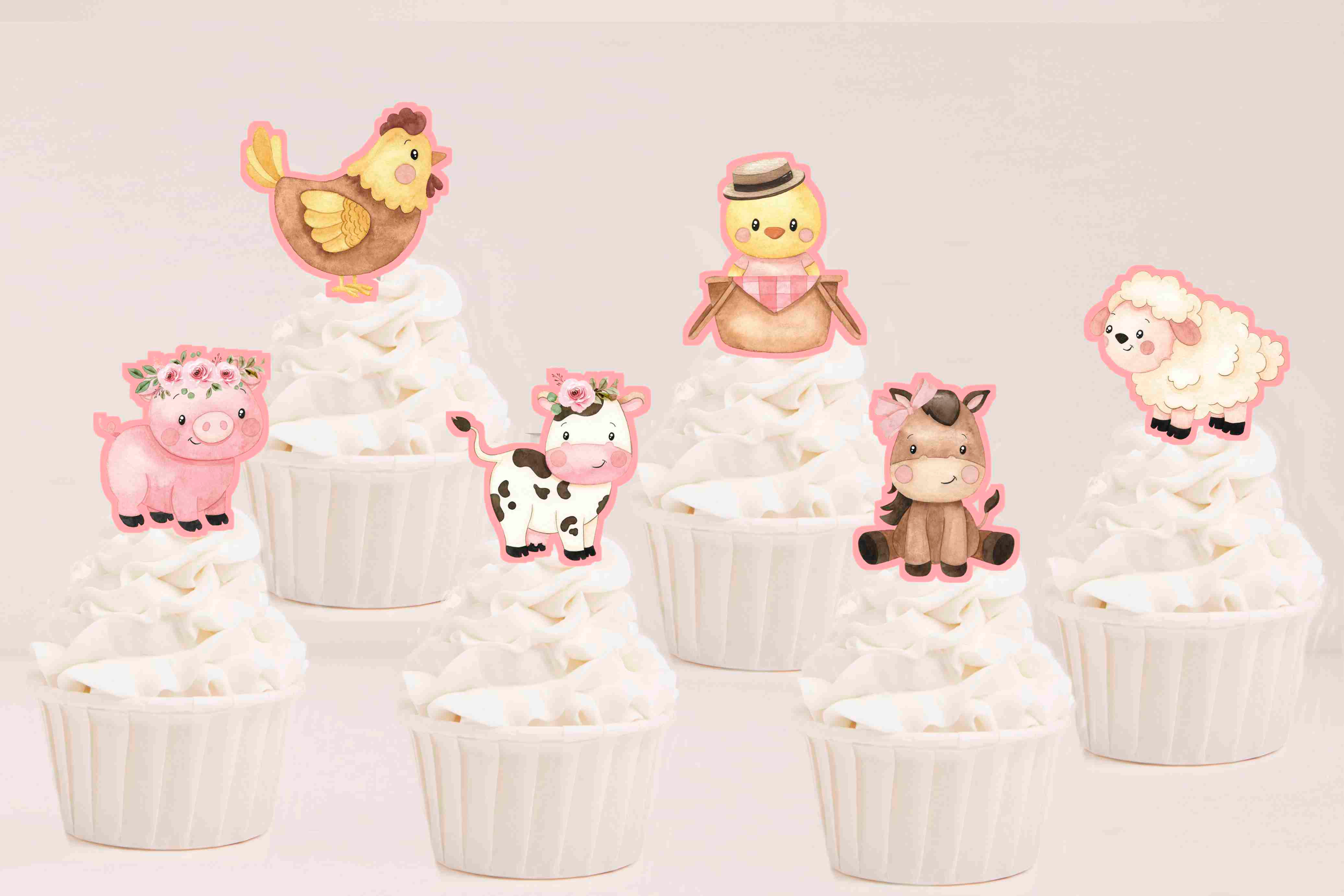 Toppers recortados Animais da Quinta em tons pastel aplicados em cupcakes para festa infantil.